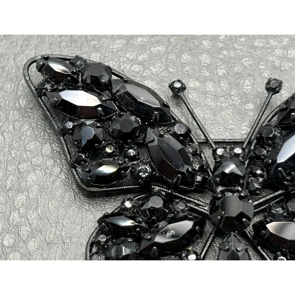 Vintage Large Black Rhinestone Butterfly Japanned Metal Brooch Pin